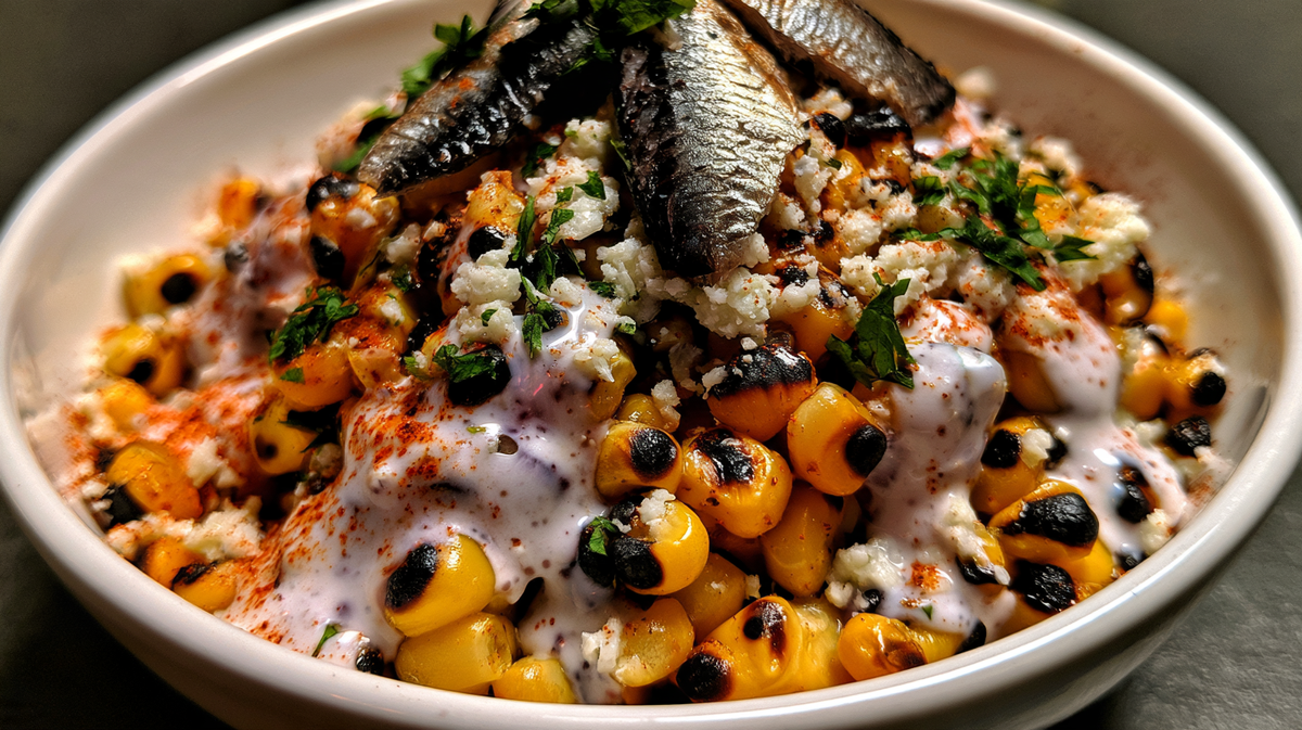 Sardines With Charred Corn & Lime Crema