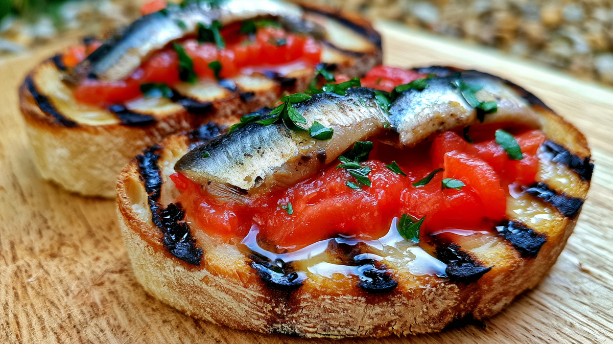 Sardines On Charred Sourdough With Sardine Butter & Grated Tomato