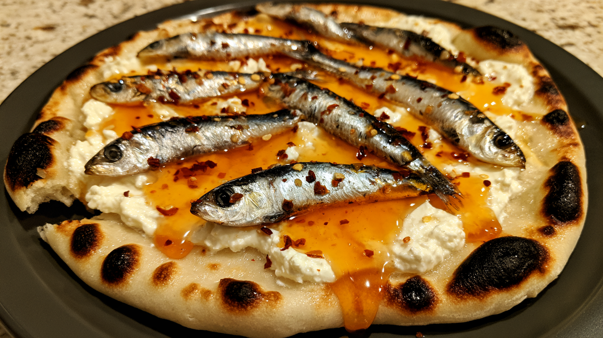 Sardines On Blistered Flatbread With Whipped Feta & Hot Honey