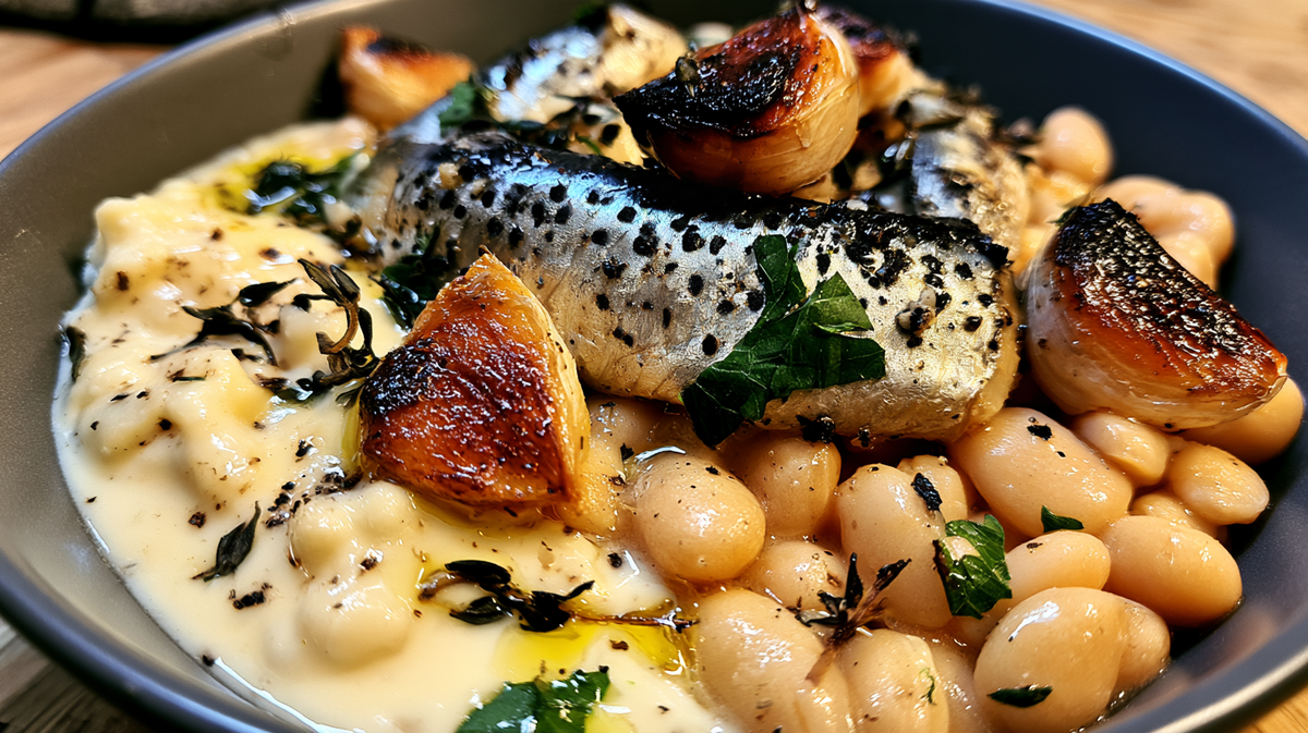 Sardines With Roasted Garlic White Beans & Torn Herbs